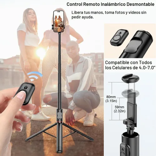 Vista 3 de Trípode para selfie, trípode ligero todo en uno de 72 pulgadas, con control remoto inalámbrico y soporte de zapata fría, extensible para teléfono