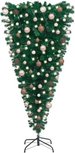 Vista 13 de Árbol de Navidad artificial verde al revés de 5 pies con 150 luces LED y bolas de Navidad doradas, árbol de Navidad artificial completo