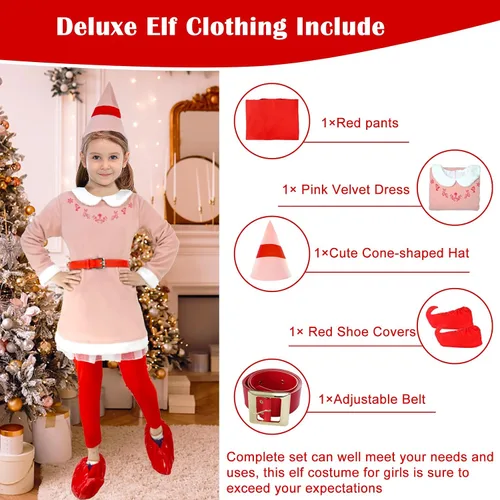 Vista 3 de Disfraz de elfo para niñas, disfraz de elfo de Navidad rosa, para fiestas de Navidad y cosplay