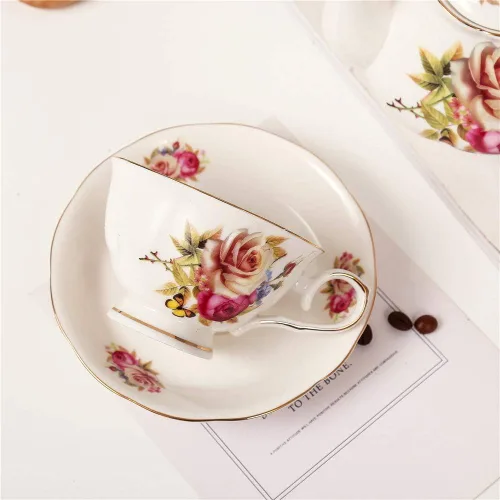 Vista 5 de Juego de té de cerámica europeo de 9 piezas, juego de café de servicio de té de porcelana de hueso con soporte de metal, para boda y regalo, pintura