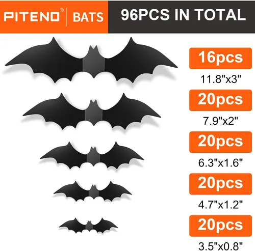 Vista 2 de Piteno® 96Pcs Bats Halloween Decorations Party Supplies, Realistic PVC 3D Black Scary Bat Stickers for Creepy Home Decor Halloween Party Decorations