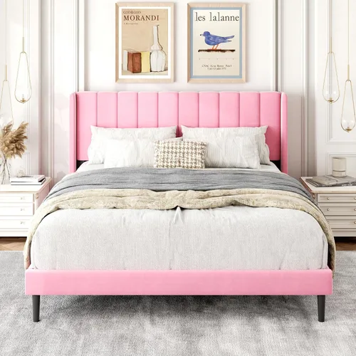 Vista 14 de Gruwans Base de cama de tamaño individual con cabecera tapizada con respaldo de ala, plataforma de fácil montaje, soporte de listones de madera,
