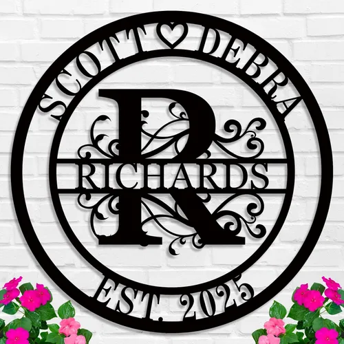 Vista 7 de Regalos de boda para parejas 2025, carteles personalizados con apellidos para el hogar, carteles de metal personalizados, decoración de pared