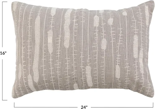 Vista 3 de Creative Co-Op Funda de almohada lumbar de algodón con bordado, gris y crema