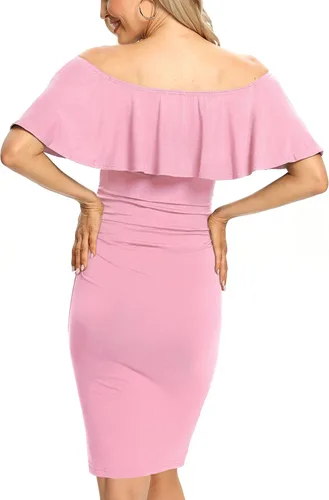 Vista 5 de AONESX Vestido de maternidad ajustado con volantes y hombros descubiertos, vestido de embarazo formal para baby showerfotografía
