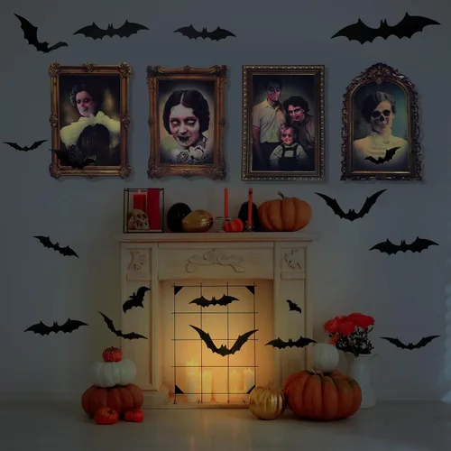 Vista 7 de Geetery 52 piezas de decoración de Halloween para interiores 3D cambiantes de cara de terror con calcomanías de murciélago 3D, castillo de terror