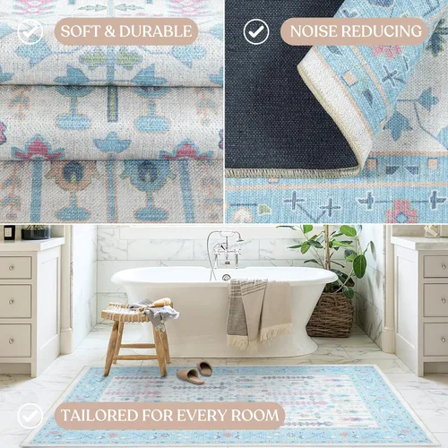 Vista 6 de Fame Living Alfombra Oushak Crema Azul, Alfombras Pequeñas Modernas, Vintage, Turca, Ecléctica, Floral, Pastel, Lavable, Tapete para Puerta, Felpudo