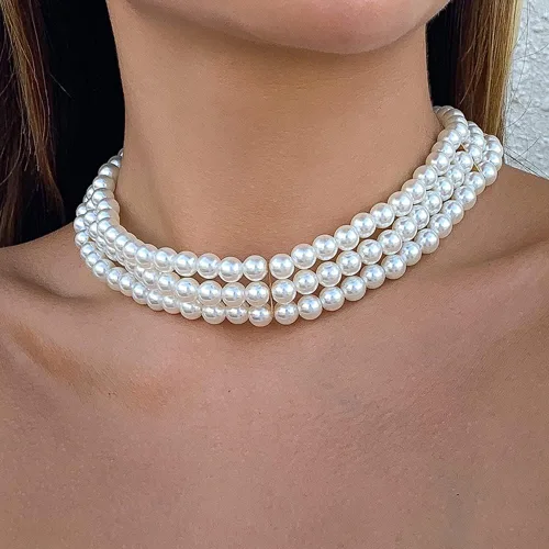 Vista 2 de Jumwrit Gargantilla de perlas, collar de perlas en capas, accesorios de disfraz, collar con cierre de palanca para mujeres y niñas, Metal