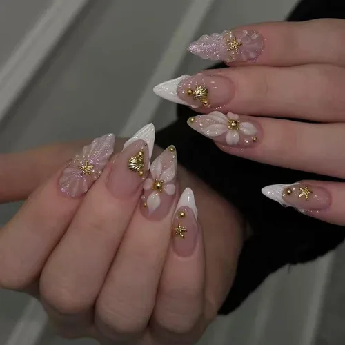 Vista 72 de Uñas postizas a presión medianas con diseño geométrico blanco almendra – 24 uñas postizas reutilizables de ABS brillante, fácil de aplicar, juego