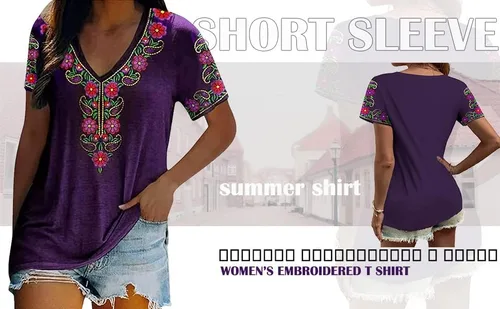 Vista 6 de Melliflo Camisetas mexicanas de manga corta para mujer, bordadas florales, sueltas, estilo étnico, camisetas bohemias