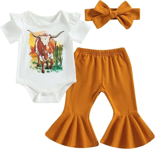 Vista 22 de Conjunto de ropa de bebé occidental para niñas, con estampado de vaca, pantalón y diadema