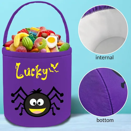 Vista 7 de Cubo personalizado de Halloween con nombre, cesta de dulce o truco de Halloween, regalo personalizado para niños y niñas, color negro