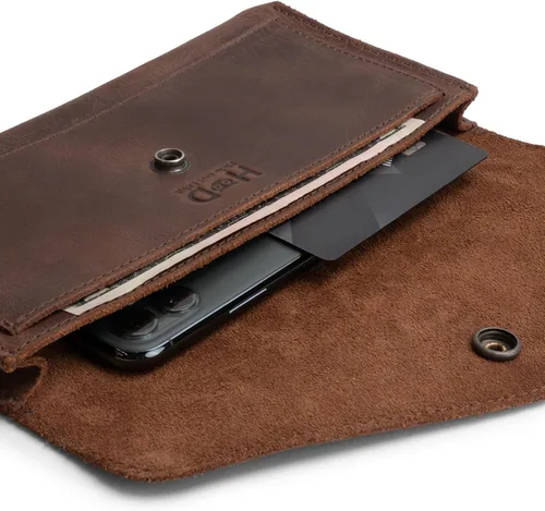 Vista 3 de Hide & Drink, Cartera grande de cuero para mujer, organizador de dinero, billetes planos, bolsa, estuche, elegante, hecho a mano, Bourbon Marrón