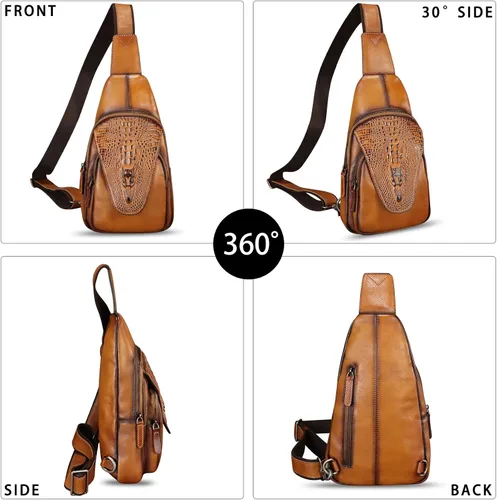 Vista 5 de Bolso de cuero genuino para hombres y mujeres en relieve de piel de cocodrilo honda mochila bandolera de pecho