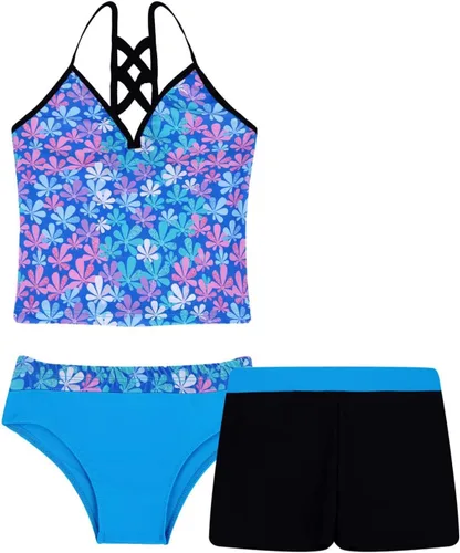Vista 8 de ranrann Conjunto de 3 piezas de camiseta con estampado floral y pantalones cortos para niñas Púrpura