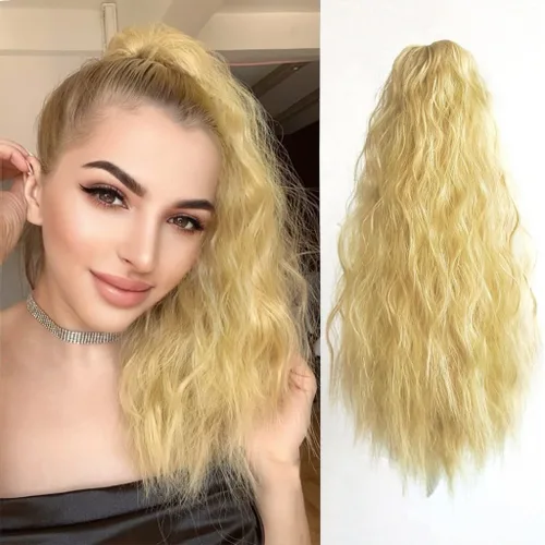 Vista 12 de Extensión de cola de caballo de garra negra natural ondulada de 16 pulgadas, extensiones de cabello sintético rizado con clip, extensiones