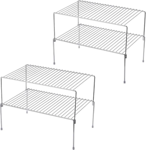 Vista 9 de iPEGTOP Juego de 2 estantes apilables de almacenamiento para gabinete de congelador, marco de metal de acero inoxidable, organizador de cocina