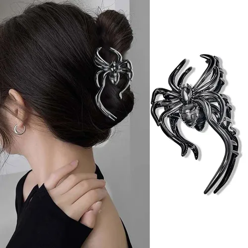 Vista 10 de BELSITA Pinza para el pelo de Halloween, tela de araña negra de metal, pinza antideslizante para el cabello, 1 unidad, para mujeres y niñas, diseño