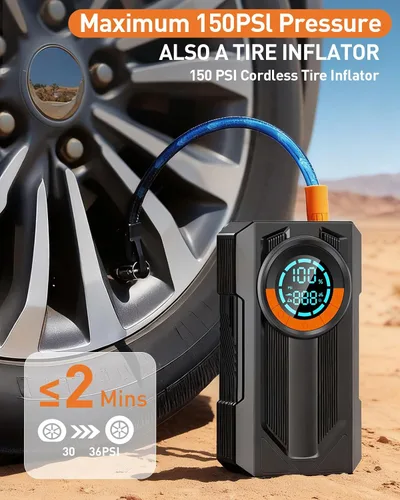 Vista 3 de Arrancador de batería con compresor de aire, arrancador portátil, 8.0 Gas/7.0L Diesel, 12V, arrancador de batería portátil para automóvil