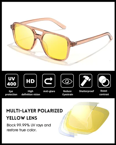 Vista 4 de LVIOE Lentes polarizados de visión nocturna para hombres y mujeres, cuadrados, estilo aviador, conducción nocturna, retro, vintage, 70s, lente