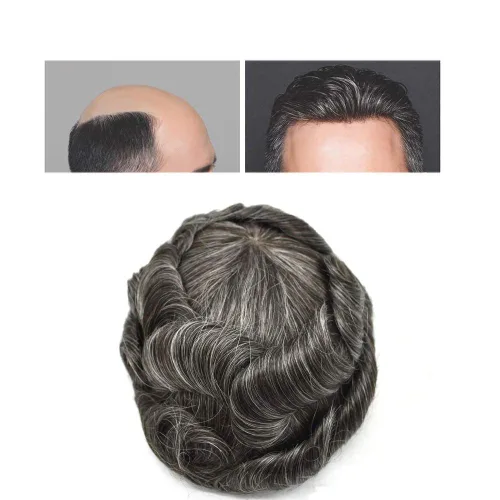 Vista 15 de Toupee para hombres sistemas de reemplazo de piel sintética con encaje suizo para hombre, nudos blanqueados, línea capilar natural para hombres