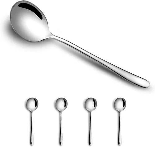 Vista 7 de Cucharas redondas de acero inoxidable para caldo, cuchara de sopa de acero inoxidable dorado, grande, juego de cucharas de cuenco profundo pesadas