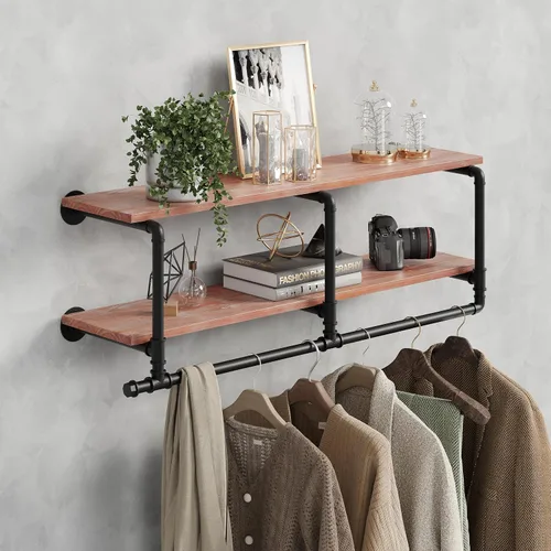Vista 10 de Perchero para ropa de 72 pulgadas, para montar en la pared, con estante de madera real, perchero colgante resistente, barra para colgar multiusos