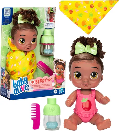 Vista 11 de Baby Alive Shampoo Snuggle Berry Boo Cabello Negro - Juego de muñeca bebé de agua de 11 pulgadas, juguetes para niñas y niños de 3 años en adelante