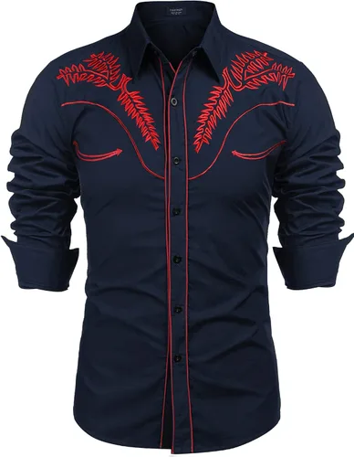 Vista 14 de COOFANDY Camisa occidental para hombre de manga larga con bordados, camisa de vaquero casual con botones café (01-Coffee(Pattern1))