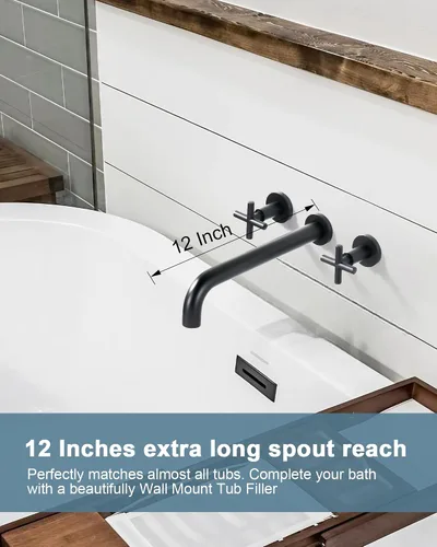 Vista 3 de ARCORA - Llenador de bañera de montaje en pared, negro mate, grifo de bañera de largo alcance, 2 asas cruzadas, grifo de bañera montado en la pared