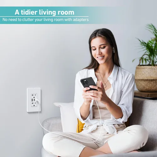 Vista 6 de WEBANG Toma de corriente USB, 6.0 amperios 3 puertos USB cargador de pared, receptáculo dúplex de 20 A resistente a manipulaciones con 2 puertos USB