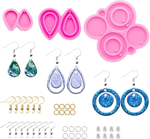Vista 7 de Kit de 103 moldes de resina para aretes de bricolaje – Gota de lágrima/cuadrángulo/molde de silicona con forma de círculo retro, molde de fundición