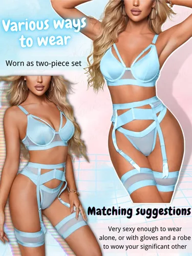 Vista 104 de Kaei&Shi - Lencería con liguero para mujer, conjunto de encaje traslúcido y sexy de 4 piezas combinadas