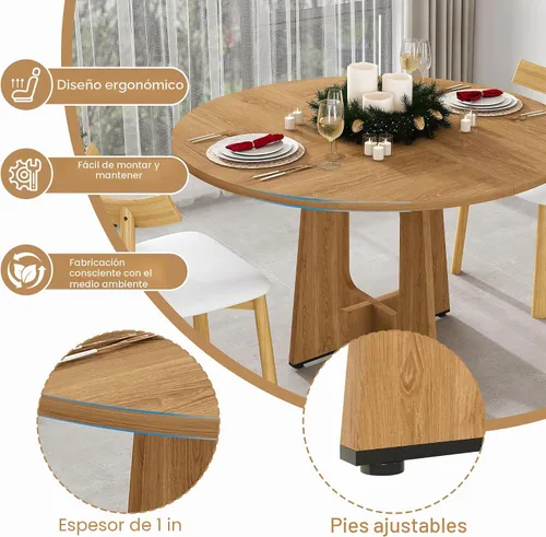 Vista 4 de Mesa de comedor redonda estilo granja para 6, mesa de cocina circular de 47" MDF con acabado de grano de madera, mesa de cocina y comedor de madera
