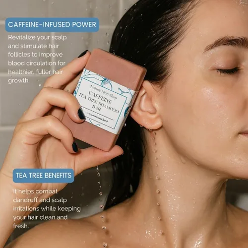 Vista 4 de Nature Skin Shop Barra de champú de cafeína para el crecimiento y adelgazamiento del cabello, con aceite de árbol de té para cuero cabelludo graso