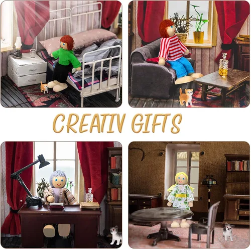 Vista 7 de Skylety 10 piezas de set de casa de muñecas de madera con figuras de mini personas, muñecas para casa de muñecas, figuras de madera para jugar