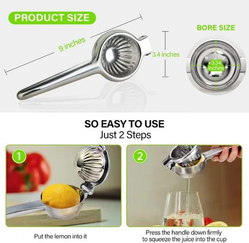 Vista 5 de Vakoo Exprimidor de limón - Exprimidor manual de cítricos de acero inoxidable extra grande, resistente, para limón y lima, máxima extracción