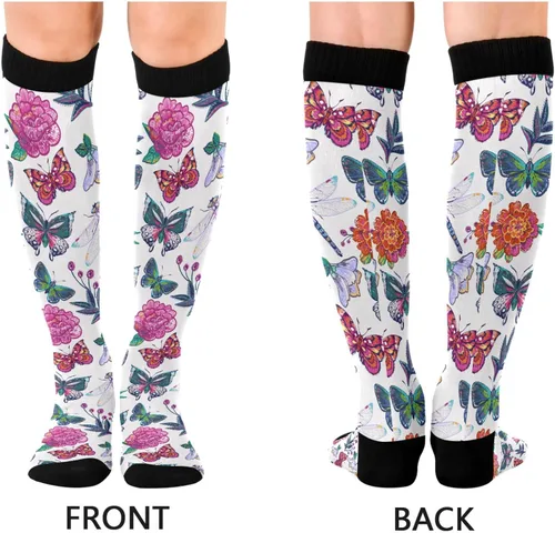 Vista 2 de KOPIRIT Calcetines de compresión bordados de flores de peonía para mujeres y hombres, calcetines largos ligeros de compresión suaves para correr