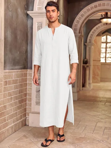 Vista 2 de Runcati Bata de caftán para hombre de manga larga Thobe Kurta Muslim Blanco