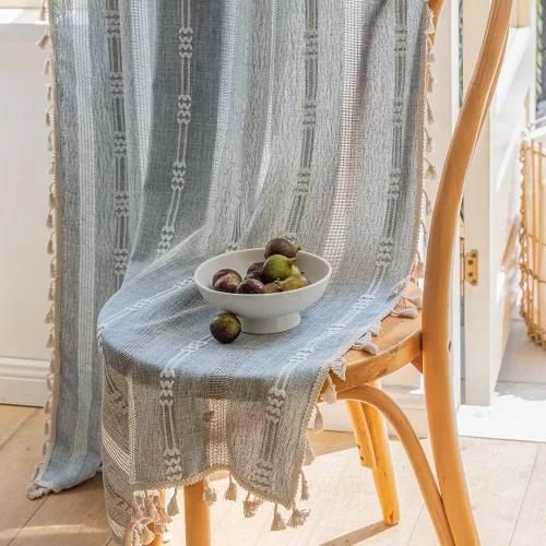 Vista 3 de 2 paneles de cortinas de lino semiopacas para ventana, bohemias y rústicas, con rayas bordadas y bolsillo para cortinero, para sala de estar