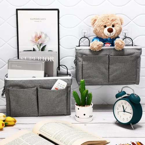 Vista 2 de Berlune 6 bolsas de almacenamiento para colgar en la pared, bolsa organizadora de pared con bolsillos y ganchos, cesta organizadora colgante de lino