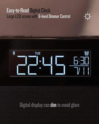 Vista 5 de Soundfreaq Sound Rise II, SFQ-16: Radio despertador de cabecera y bocina Bluetooth, con pantalla grande, radio FM, carga USB rápida y sonido