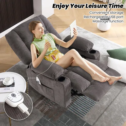 Vista 7 de BOSMILLER Silla reclinable de gran tamaño para adultos con masaje por vibración y calefacción lumbar, mecedora giratoria con soporte para tazas