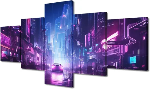 Vista 26 de Póster de 5 paneles en lienzo para decoración de pared, diseño de centro urbano Cyberpunk, impresión moderna, decoración de pared para el hogar