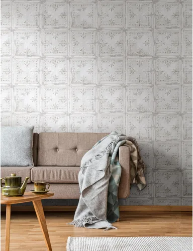Vista 2 de RoomMates RMK11209WP Papel pintado de azulejos de estaño blanco metálico con acentos para despegar y pegar