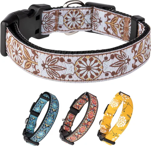 Vista 17 de Collar de perro para perros medianos y grandes, patrón acolchado de algodón con flores en collares de larga duración, ajustables, fuertes