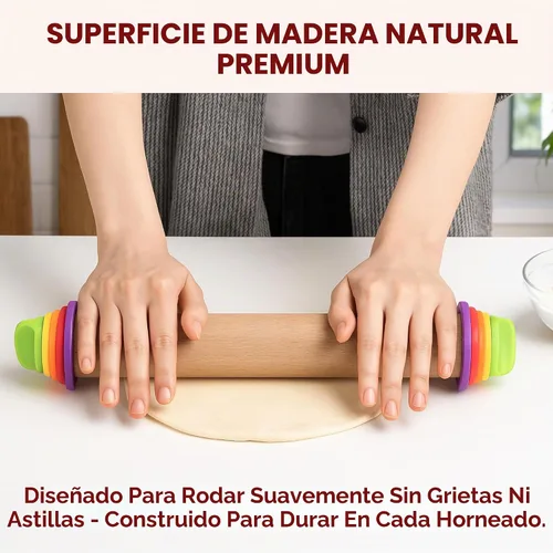 Vista 3 de Kitchtic Rodillo con anillos de grosor – Rodillo de madera ajustable – Herramienta esencial para hornear y rodillo – Grosor consistente – Fácil