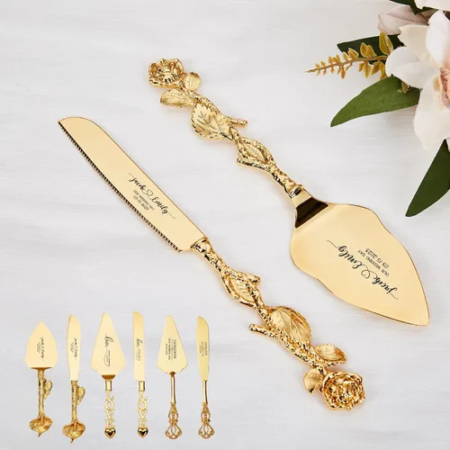 Vista 9 de Juego de cuchillo personalizado para tartas y servidor, cuchillo y servidor para tartas doradas, cubiertos de boda personalizados para una ceremonia