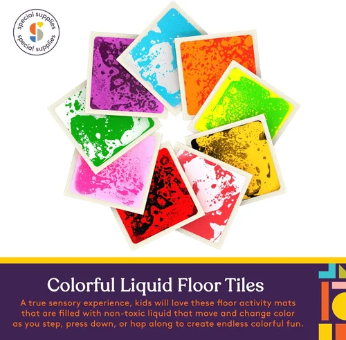 Vista 7 de Special Supplies Azulejos líquidos cuadrados para niños, juego de 9, coloridas alfombrillas sensoriales de aprendizaje temprano para niños pequeños