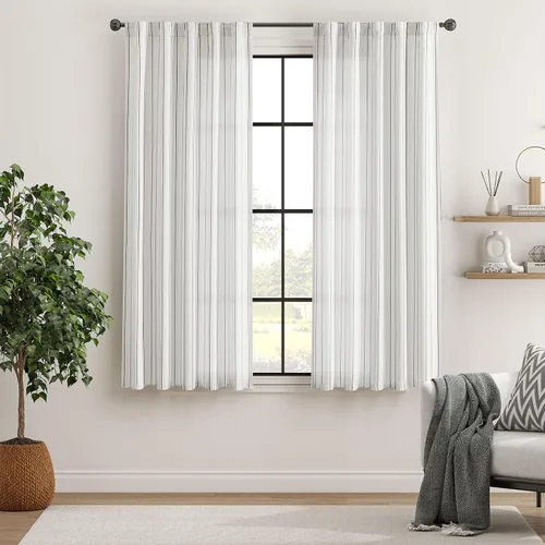 Vista 3 de jinchan Cortinas Blancas con Rayas Negras de 63 Pulgadas de Largo para Sala de Estar Dormitorio Tratamiento de Ventanas Aspecto Moderno de Lino